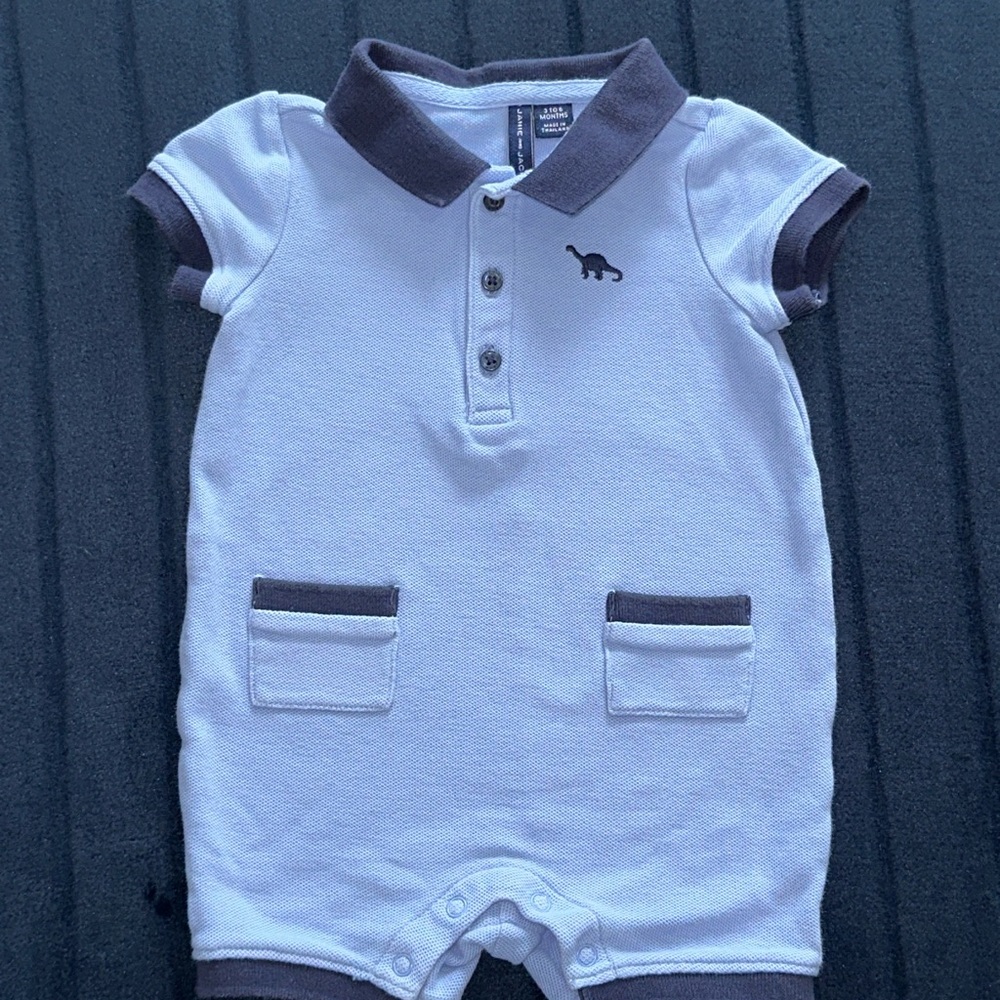 Janie and Jack Light Blue Polo romper with Dinosaur Embroidery 3 to 6 month